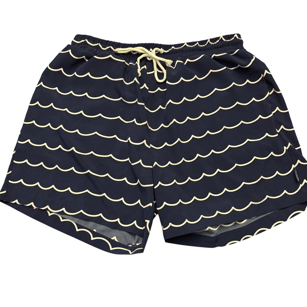 Simply Southern | Mens Large | Navy‎ Blue Wave Print Swim Trunks | Mesh Lined